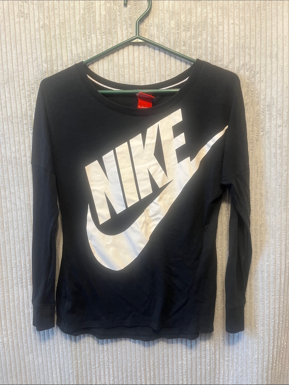 Nike Black Long Sleeve Tee with Large White Swoosh Logo XS